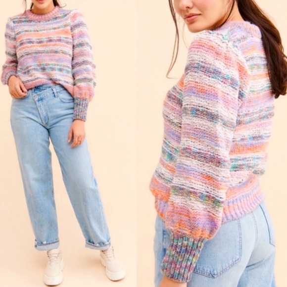 UO Rainbow Space-Dye Stripe Knit Wool Blend Balloon Puff Sleeve Pullover Sweater - Picture 3 of 15